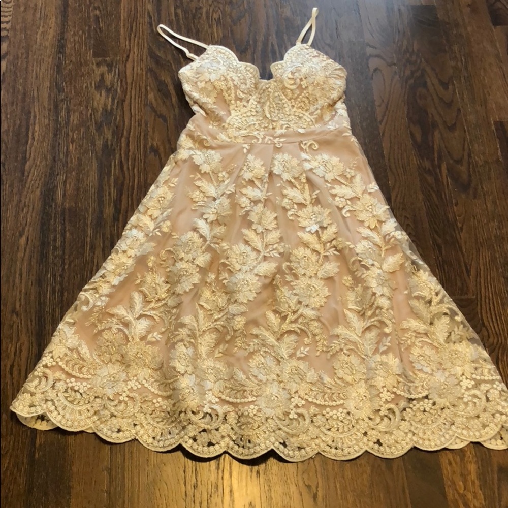 Holiday Party Angel Biba fit and flare Gold dress